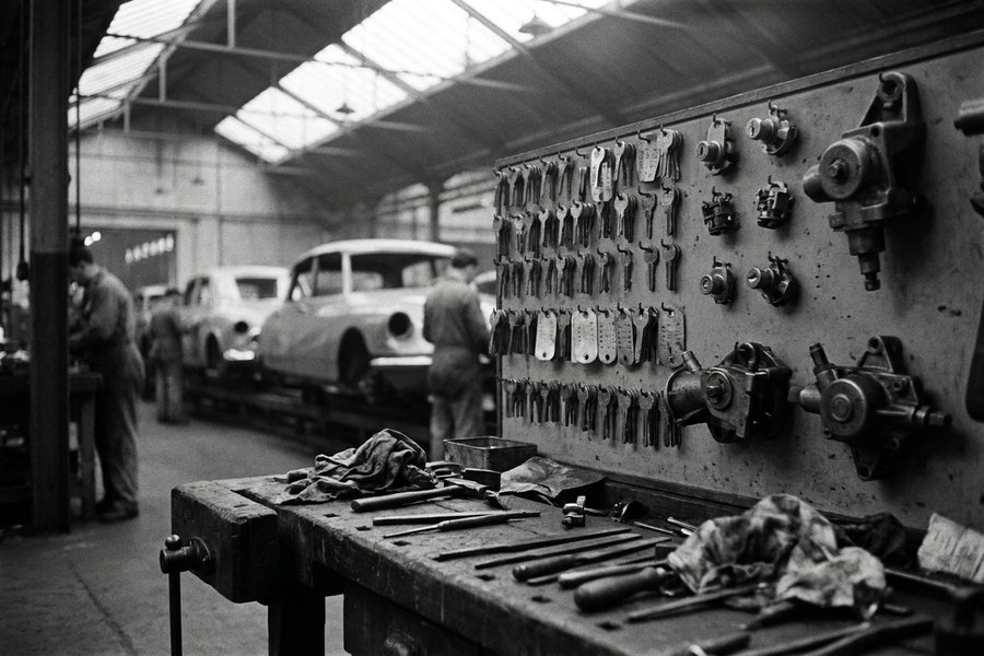 Atelier de serrurerie automobile des années 1950, usine Citroën de Nanterre
