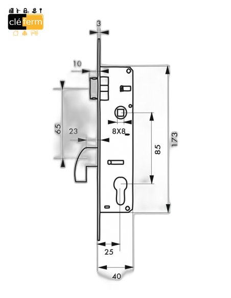 SERRURE HZ TIRAGE GAUCHE D.25mm/L45mm - 3 CLES