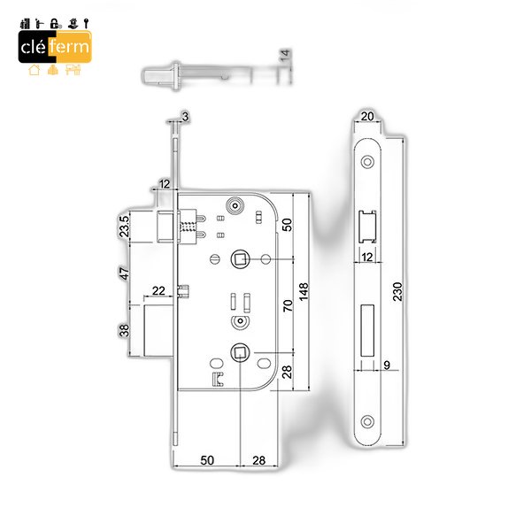 SERRURE D457 CFPF AXE 50 ENTRAXE 70 BOUT CARRE