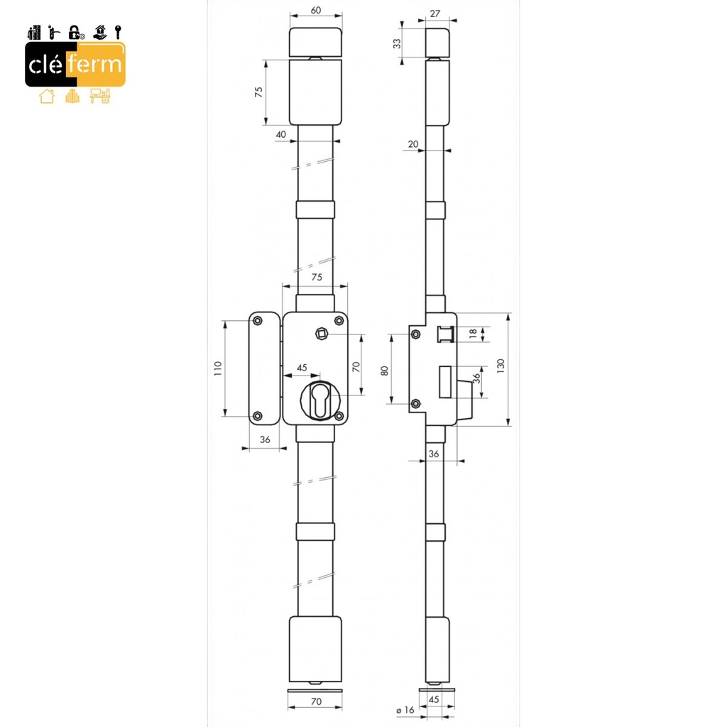 SERRURE NT VERTICALE FOUILLOT 3PTS CYL.40mm - 3 CLES