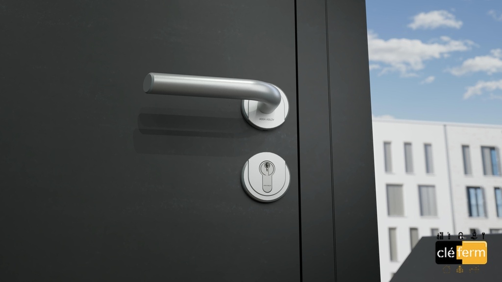 ENSEMBLE VERCY AH200 POIGNÉE DE TIRAGE MAIN DROITE BÉQUILLE 472 U SUR ROSACE RONDE C8 INOX BROSSÉ