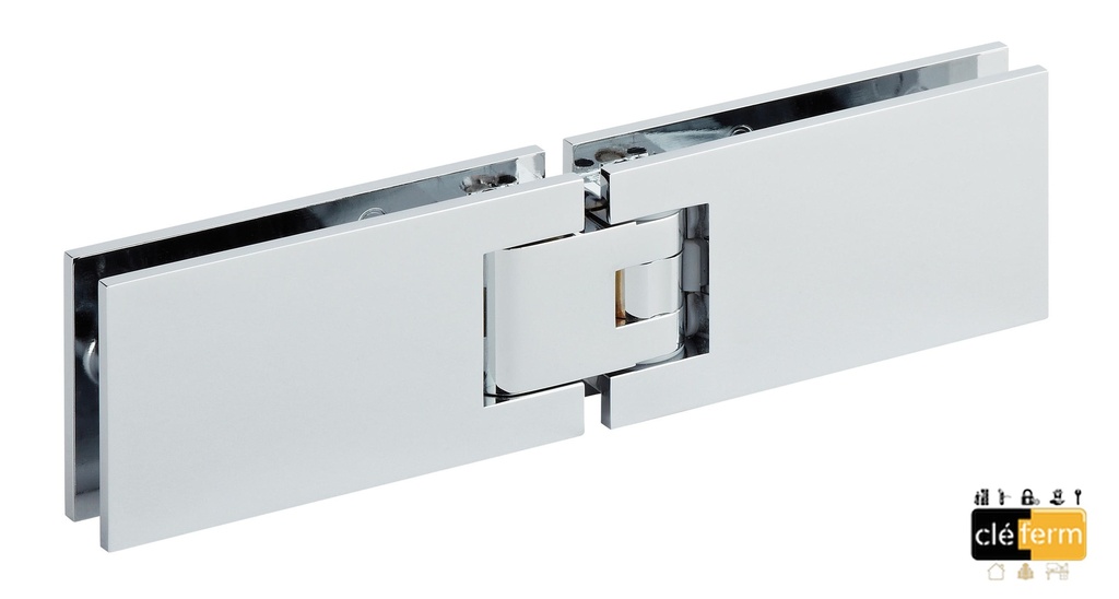 1 charnière simple réglable pour verre ép: 8 et 10mm platine de fixation à 2 trous Chromé brillant