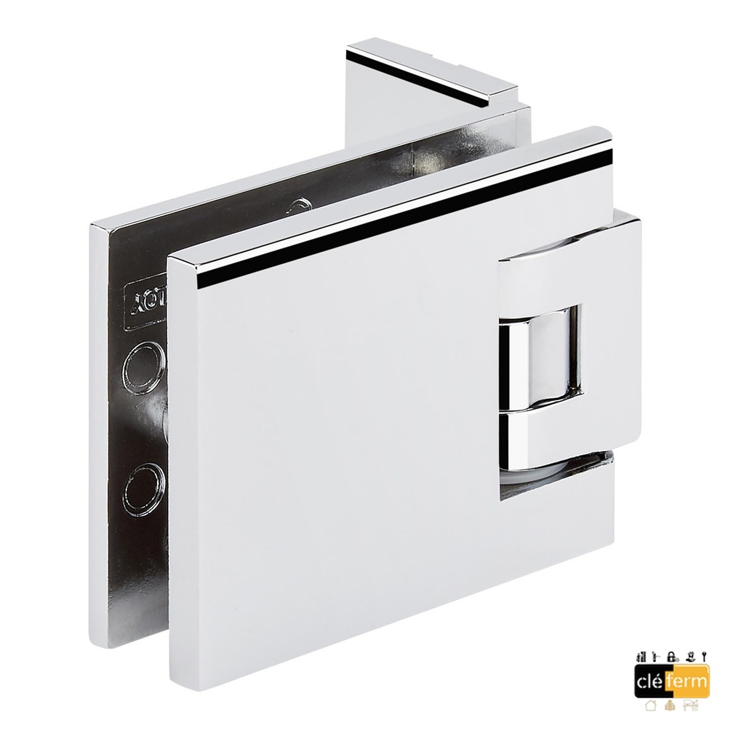 1 charnière simple réglable pour verre ép: 8 et 10mm platine de fixation à 3 trous Chromé mat