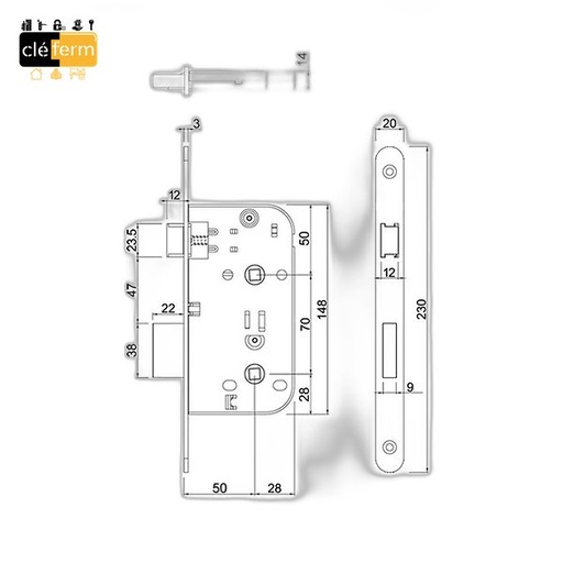 [ND457] SERRURE D457 CFPF AXE 50 ENTRAXE 70 BOUT CARRE